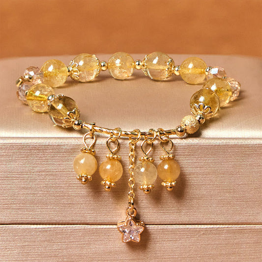 Buddhist Blessing Natural Colored Yellow Rutilated Quartz Four Leaf Clover Star Auspiciousness Bracelet