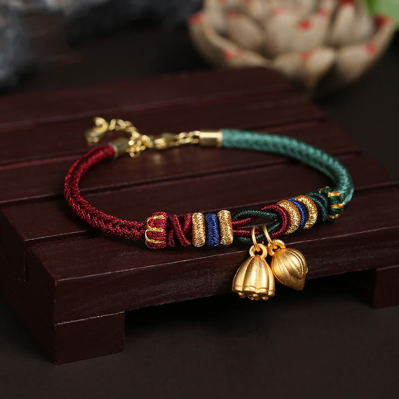 Buddhist Blessing 999 Sterling Silver Lotus Pod Design Luck Red Green String Bracelet