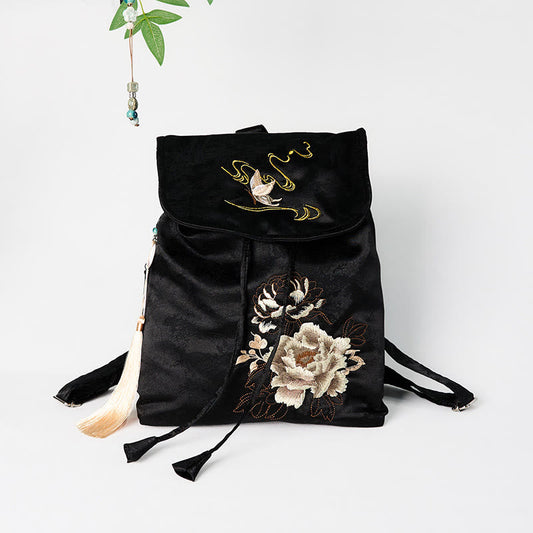 Buddhist Blessing Handmade Black Peony Embroidered Large Capacity Polyester Cotton Backpack