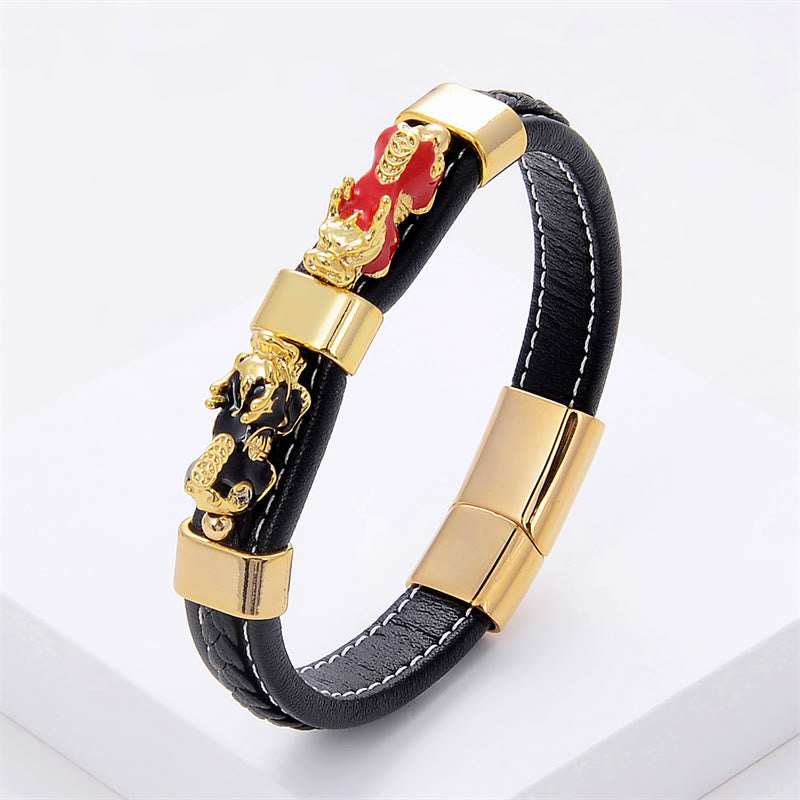 Buddhist Blessing Double PiXiu Wealth Luck Leather Magnetic Buckle Bracelet