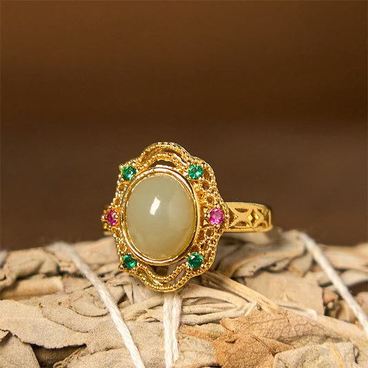Buddhist Blessing Natural Hetian Jade Egg Hollow Pattern Copper Open Luck Ring