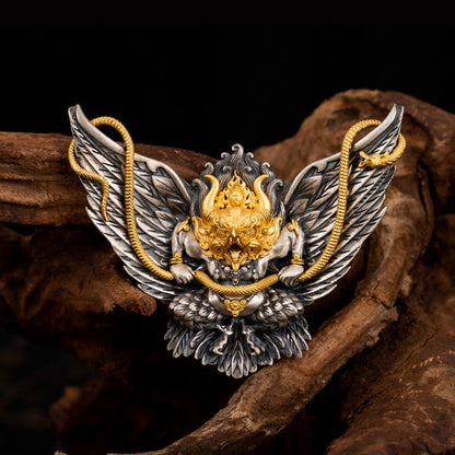Buddhist Blessing 925 Sterling Silver Tibetan Garuda Bird Dragon Snake Wisdom Necklace Pendant