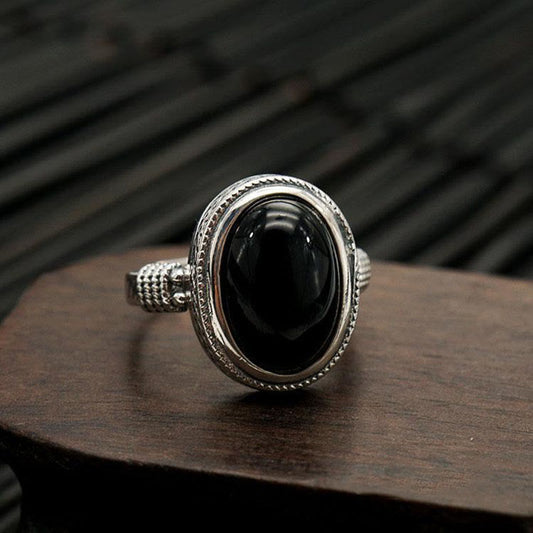 Buddhist Blessing Natural Black Onyx Adjustable Protection Ring
