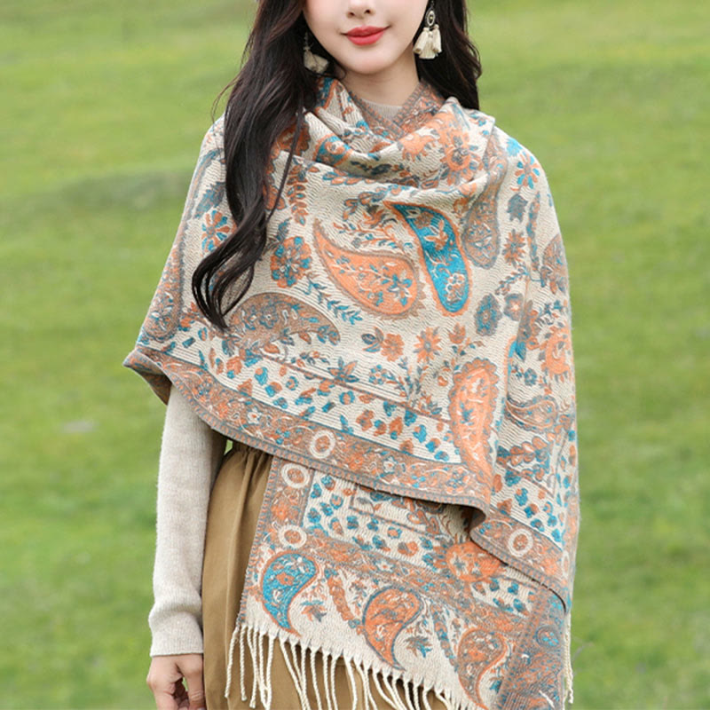 Buddhist Blessing Tibetan Cashew Flowers Leaves Vine Tassels Shawl Fall Winter Soft Cozy Scarf Wrap