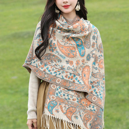 Buddhist Blessing Tibetan Cashew Flowers Leaves Vine Tassels Shawl Fall Winter Soft Cozy Scarf Wrap