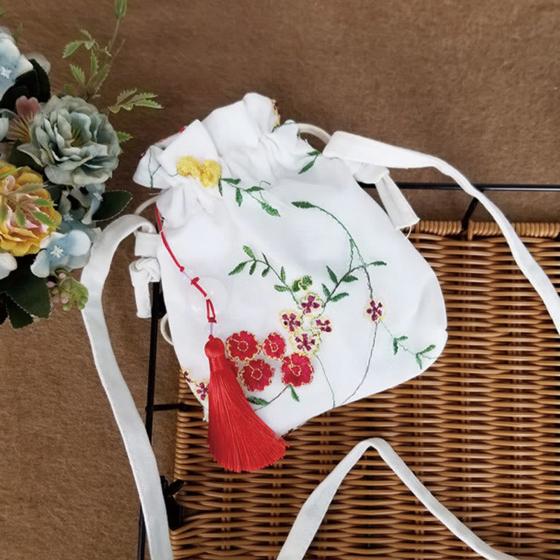 Buddhist Blessing Embroidered Flowers Cherry Blossoms Vine Canvas Crossbody Bag Shoulder Bag