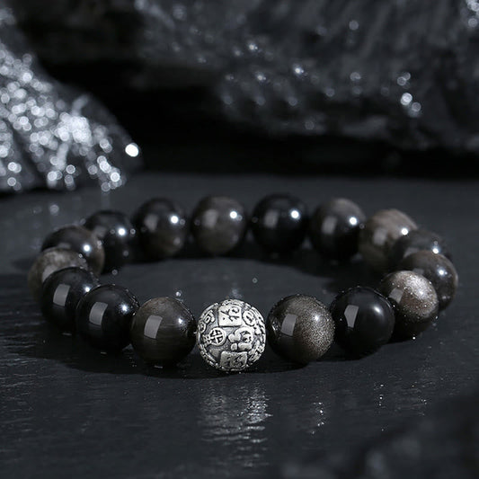 Buddhist Blessing Black Obsidian 999 Sterling Silver Purification Fu Character Transformation Bracelet