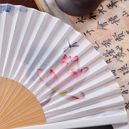 Buddhist Blessing Chinese Characters Ink Painting Lotus Flower Leaf Landscape Handheld Huayao Crepe Polyester Bamboo Folding Fan 23.3cm