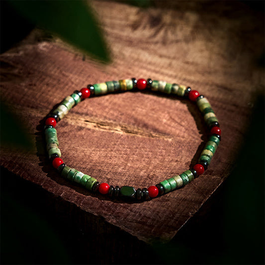 Buddhist Blessing Natural Green Stone Hematite Red Coral Powerful Bracelet