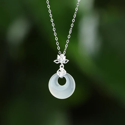 Buddhist Blessing Chalcedony 925 Sterling Silver Lotus Flower Fu Character Peace Buckle Positive Necklace Pendant