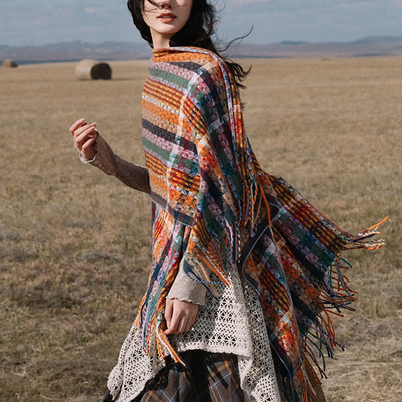 Buddhist Blessing Tibetan Colorful Stripe Geometry Tassels Shawl Fall Winter Soft Scarf Wrap