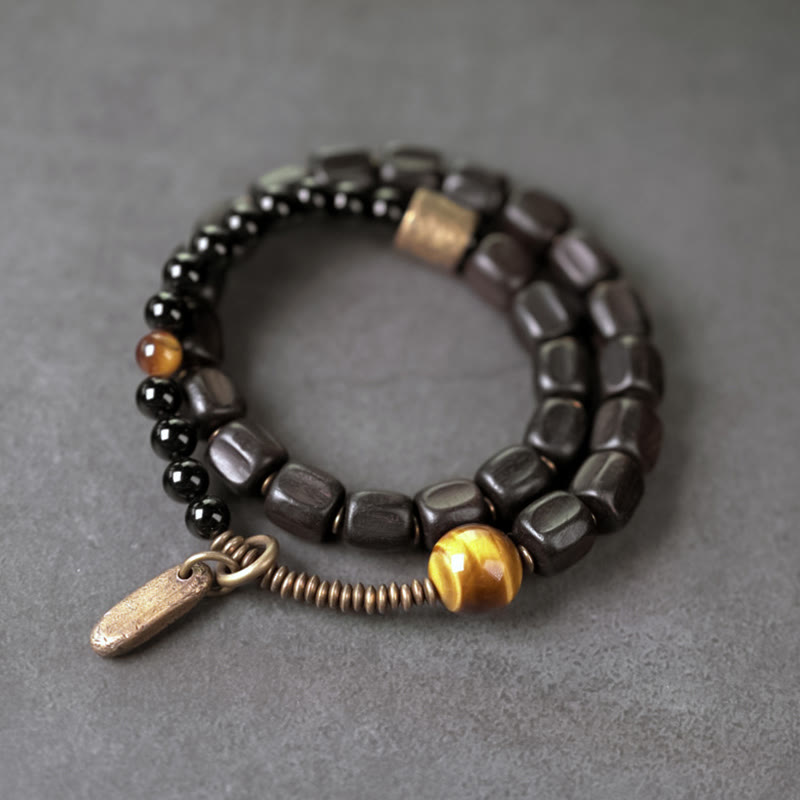 Buddhist Blessing Ebony Wood Copper Brass Tiger Eye Peace Double Wrap Bracelet