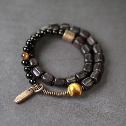 Buddhist Blessing Ebony Wood Copper Brass Tiger Eye Peace Double Wrap Bracelet