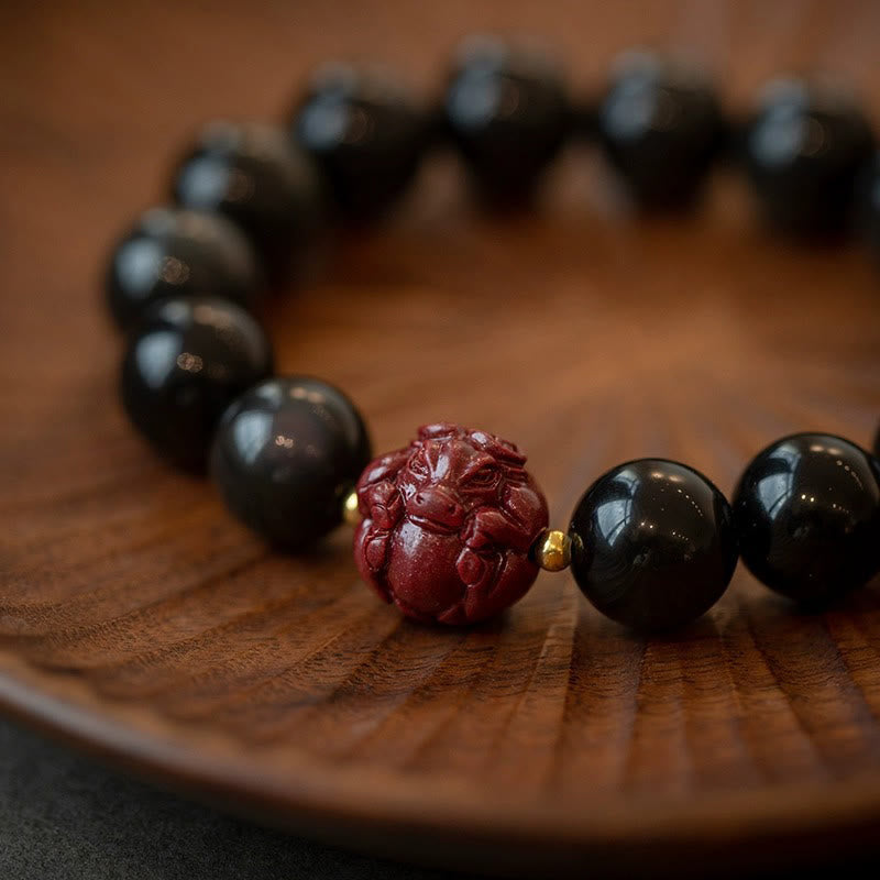 Buddhist Blessing Chinese Zodiac Natural Black Obsidian Cinnabar Purification Bracelet