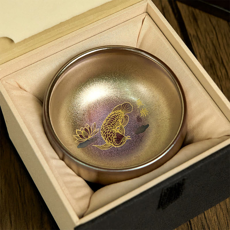 Buddhist Blessing Handmade Chinese Jianzhan Koi Fish Lotus Leaf Ceramic Teacup Kung Fu Tea Cup 150ml