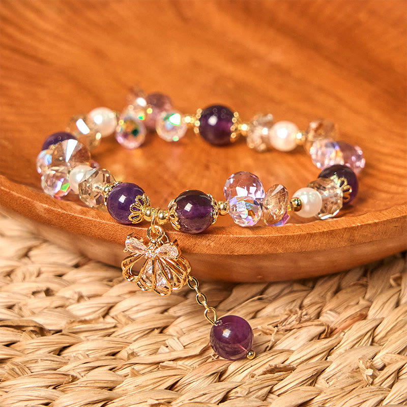 Buddhist Blessing Natural Amethyst Citrine Pearl Shell Peace Bracelet