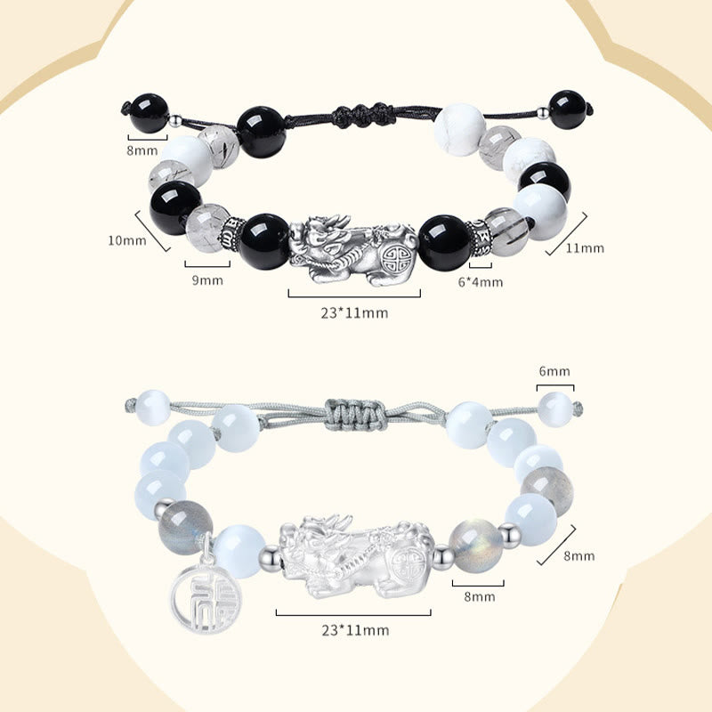 Buddhist Blessing Pi Xiu Six True Words 999 Sterling Silver Black Obsidian White Turquoise Chrysoberyl Luck Bracelet