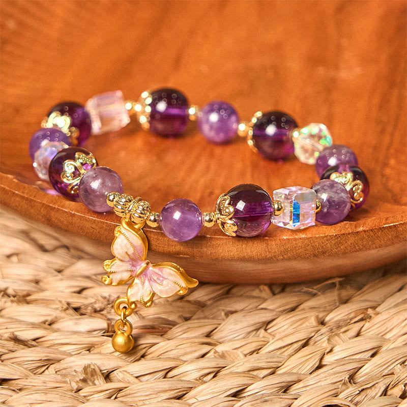 Buddhist Blessing Natural Amethyst Sun Stone Butterfly Peace Bracelet