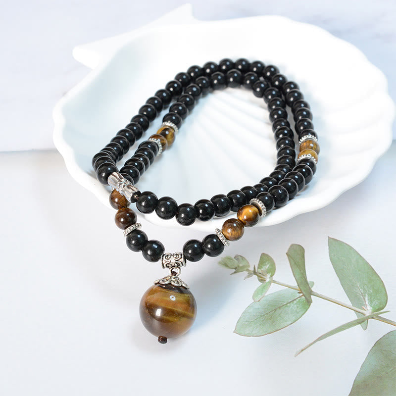 Buddhist Blessing Black Obsidian Tiger Eye Strengthen Necklace Pendant
