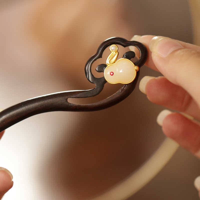 Buddhist Blessing Auspicious Cloud Sandalwood Rabbit Protection Hairpin