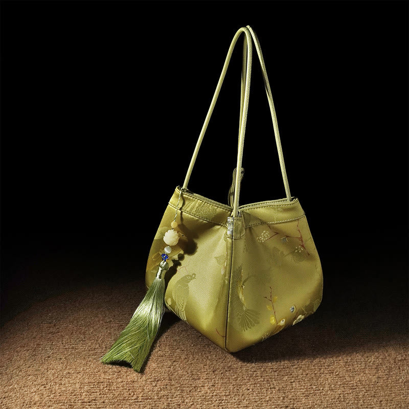 Buddhist Blessing Retro Flower Butterfly Bird Embroidery Bead Tassel Mulberry Silk Jacquard Xiangyunsha Silk Shoulder Bag Hangbags