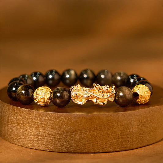 Buddhist Blessing Natural Gold Sheen Obsidian PiXiu Om Mani Padme Hum Wealth Bracelet