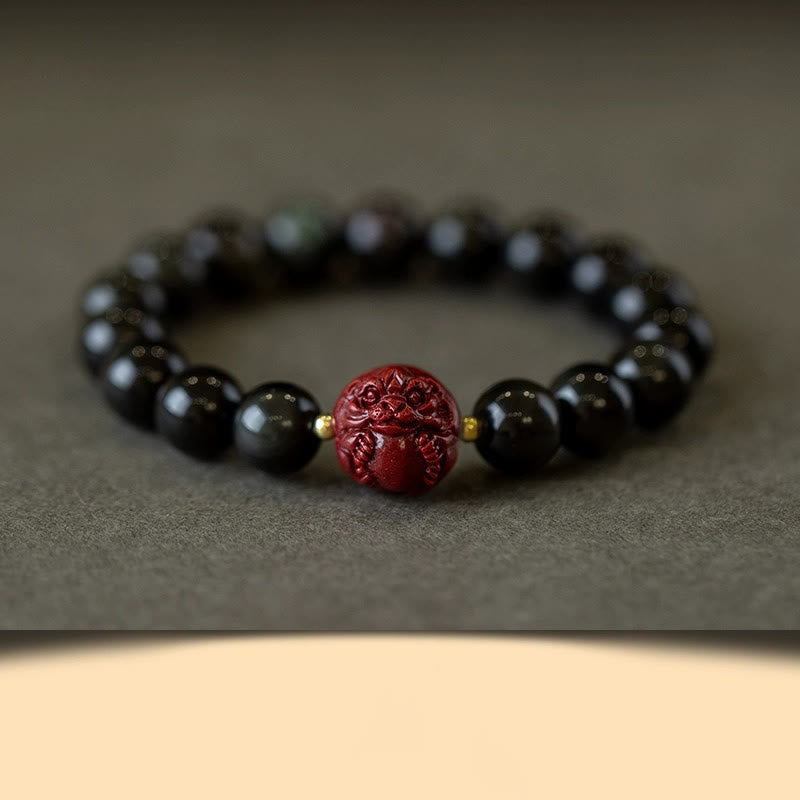 Buddhist Blessing Chinese Zodiac Natural Black Obsidian Cinnabar Purification Bracelet