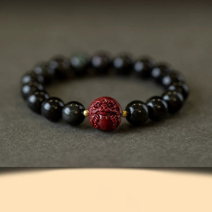 Buddhist Blessing Chinese Zodiac Natural Black Obsidian Cinnabar Purification Bracelet