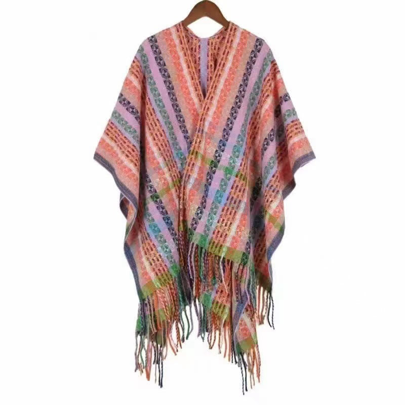 Buddhist Blessing Tibetan Colorful Stripe Geometry Tassels Shawl Fall Winter Soft Scarf Wrap
