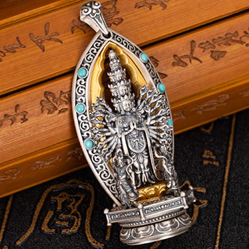 Buddhist Blessing 925 Sterling Silver Thousand-armed Guanyin Kwan Yin Avalokiteśvara Wealth Necklace Pendant