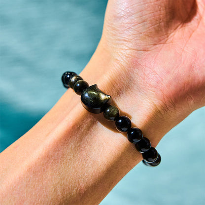 Buddhist Blessing Gold Sheen Obsidian Silver Sheen Obsidian Lovely Paw Lucky Cat Protection Bracelet