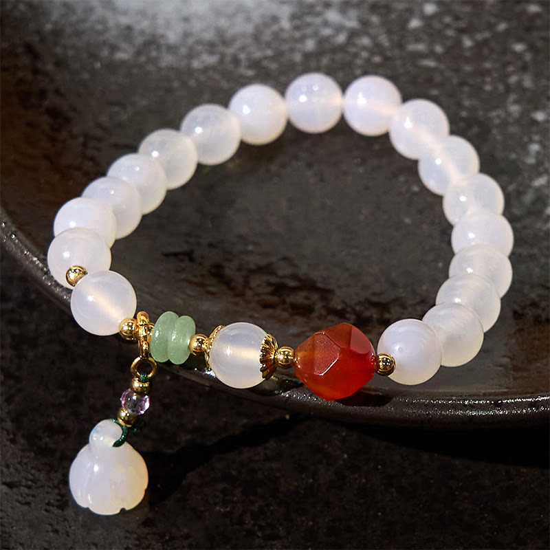 Buddhist Blessing White Agate Red Agate Lotus Pod Charm Luck Bracelet