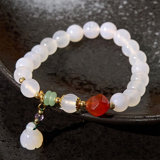 Buddhist Blessing White Agate Red Agate Lotus Pod Charm Luck Bracelet