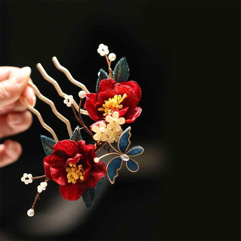 Buddhist Blessing Chinese Style Red Camellia Butterfly Hair Clip Hair Comb Hairpin Barrette Accessory