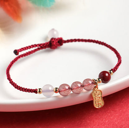 Buddhist Blessing Natural Strawberry Quartz Jade White Agate Red String Positive Bracelet
