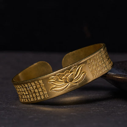 Buddhist Blessing Heart Sutra Lotus Flower Copper Brass Peace Cuff Bracelet Bangle