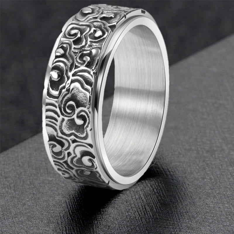 Buddhist Blessing Auspicious Clouds Pattern Carved Titanium Steel Balance Rotatable Ring
