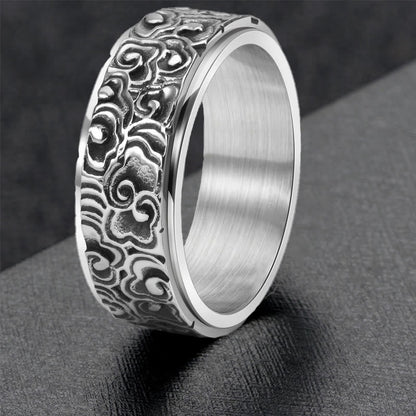 Buddhist Blessing Auspicious Clouds Pattern Carved Titanium Steel Balance Rotatable Ring