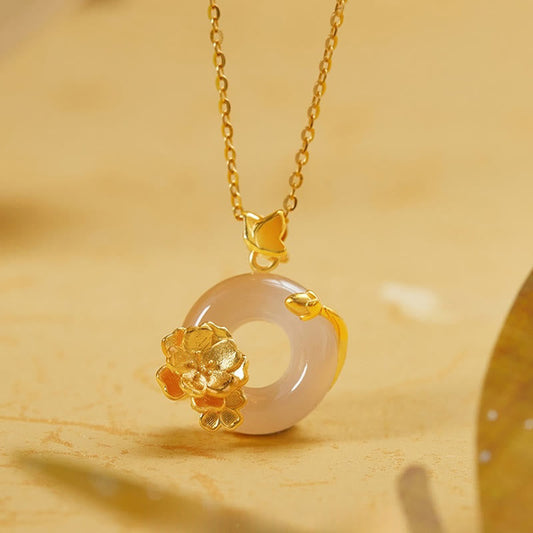 Buddhist Blessing Natural 925 Sterling Silver White Chalcedony Peace Buckle Peach Blossom Butterfly Positive Necklace Pendant