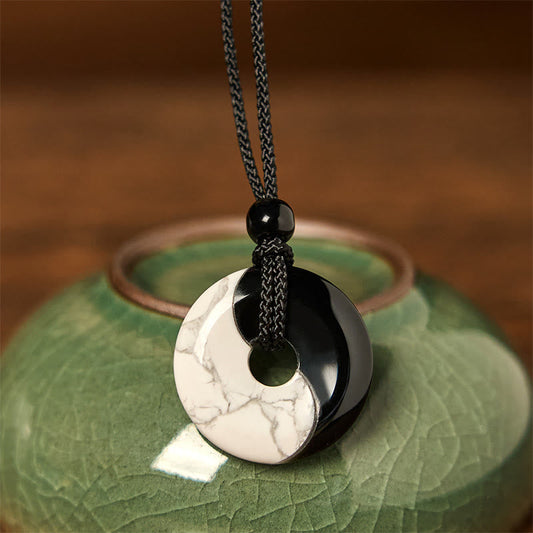 Buddhist Blessing Natural Black Obsidian White Turquoise Yin Yang Peace Buckle Design Braided String Strength Necklace Pendant