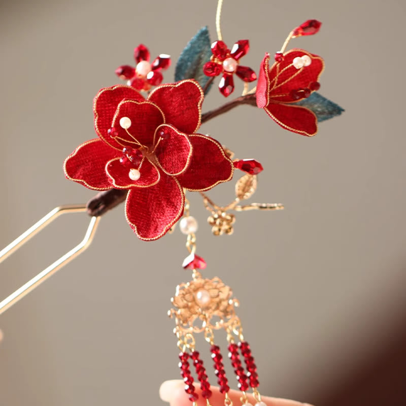 Buddhist Blessing Classical Chinese Style Red Flower Butterfly Tassel Hair Comb Hairpin