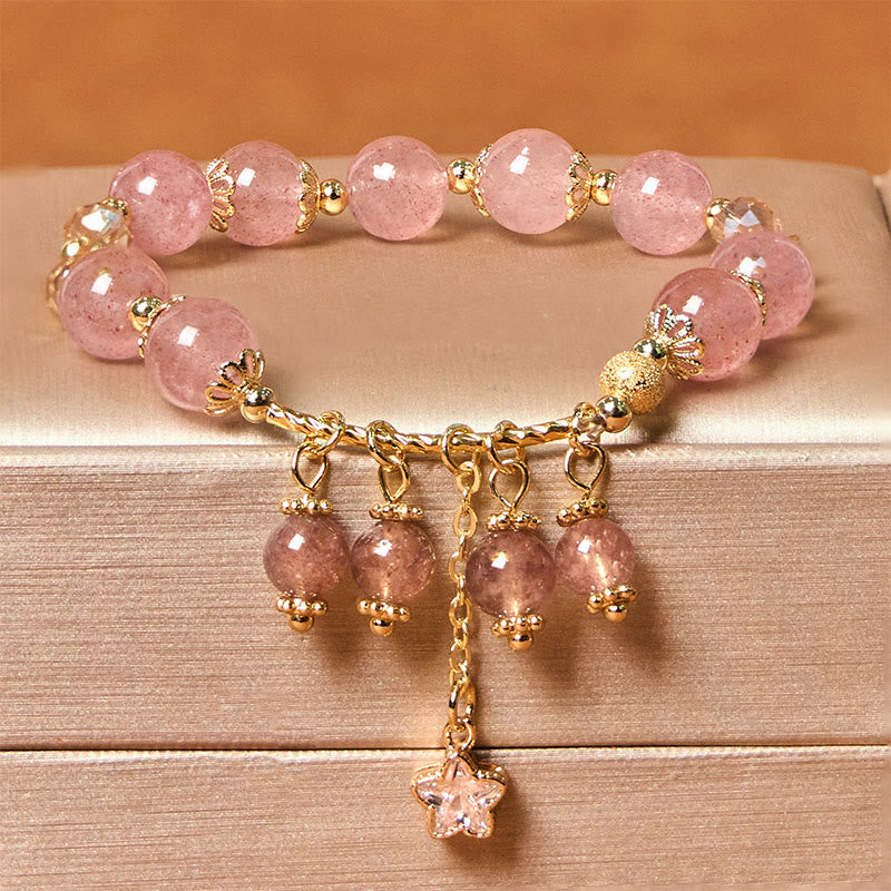 Buddhist Blessing Natural Strawberry Quartz Four Leaf Clover Star Positive Bracelet