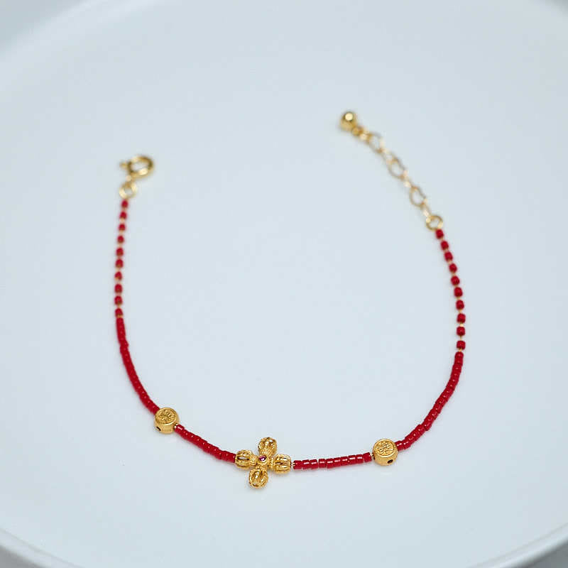 Buddhist Blessing 24k Gold Plated 925 Sterling Silver Liuli Glass Bead PiXiu Four Leaf Clover Joy And Happiness Wealth Bracelet