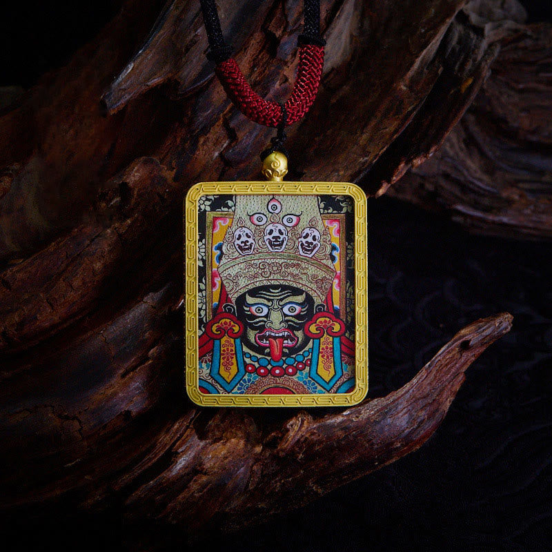 Buddhist Blessing Tibetan Zakiram Nine Tailed Fox Yellow God of Wealth Painted Thangka Hope Necklace Pendant