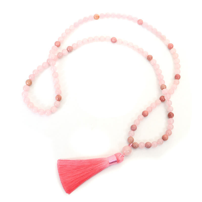 Buddha Stones 108 Mala Beads Pink Crystal Love Tassel Bracelet