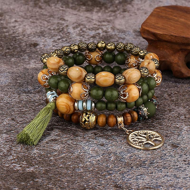 Buddha Stones Wenge Wood Layered Tree Tassel Healing Bracelet
