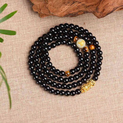 Buddha Stones Chinese Zodiac Obsidian PiXiu Protection Mala Bracelet