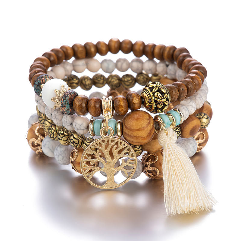 Buddha Stones Wenge Wood Layered Tree Tassel Healing Bracelet