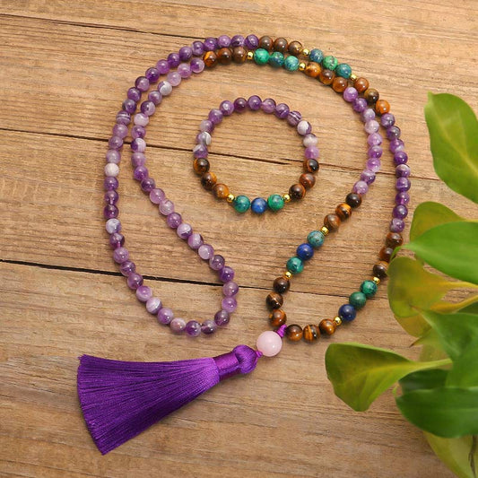 Buddha Stones Tibetan Amethyst Purify Bracelet Mala Set