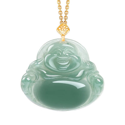 Buddha Stones Laughing Buddha Natural Jade Prosperity Abundance Necklace Pendant